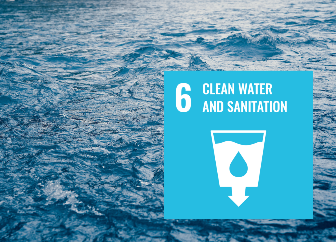 Auf dem Bild sieht man blaue Wellen. Das Bild wurde ergänzt mit dem Logo vom UN Nachhaltigkeitsziel 6 "SDG 6"