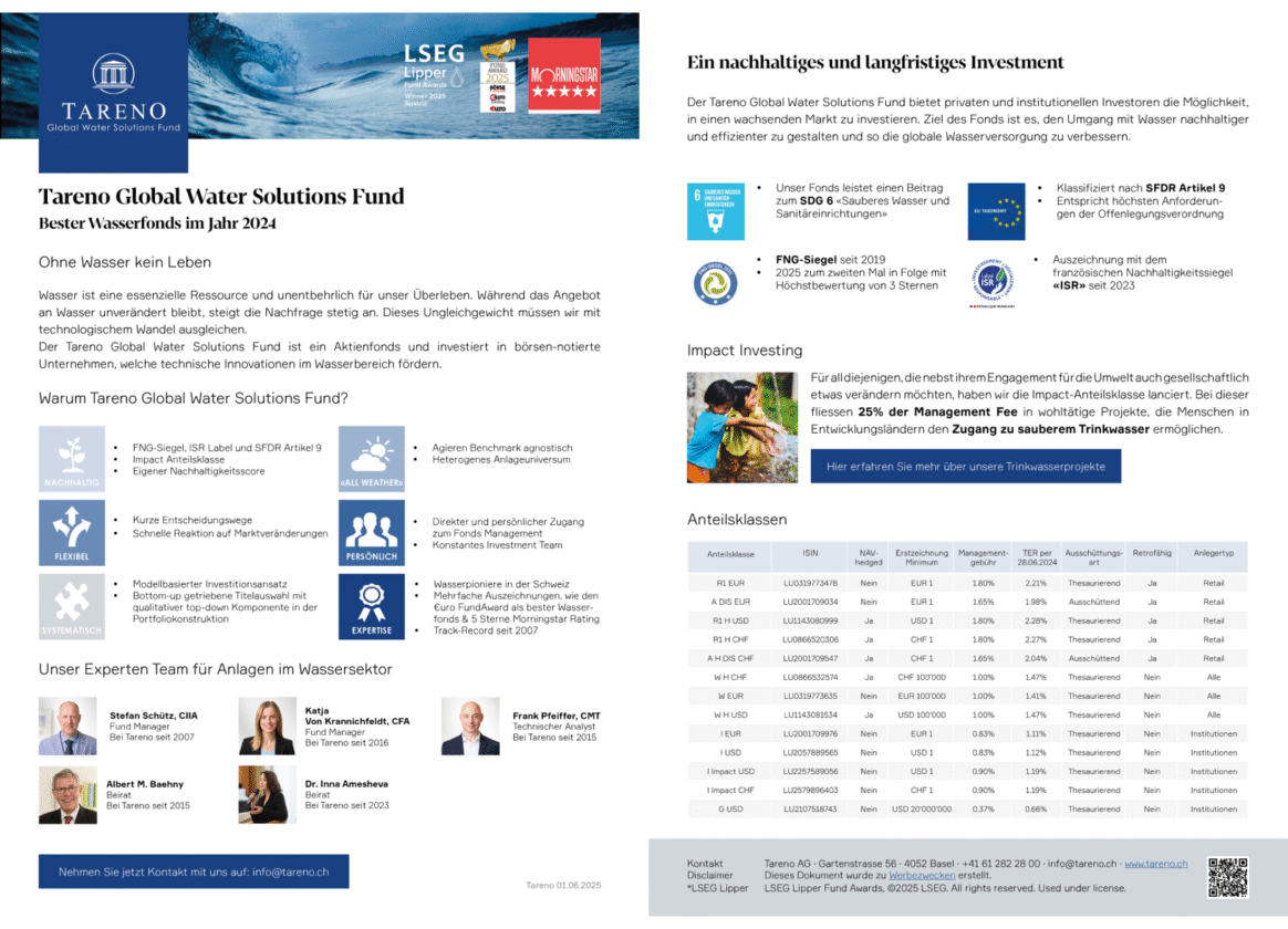 Two Pager Tareno Global Water Solutions Fund mit den wichtigsten Informationen zu unserem nachhaltigen Wasser Aktienfonds.