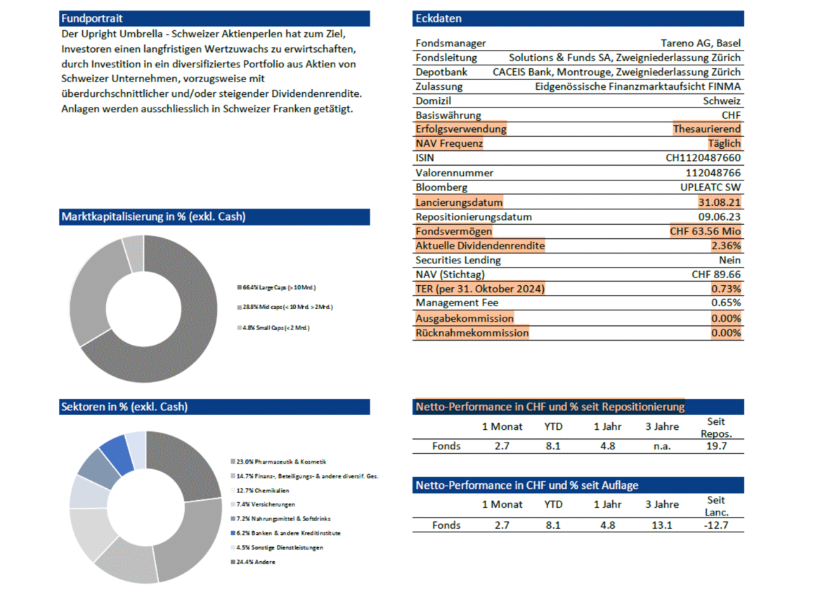 Bild vom Factsheet unseres Schweizer Aktienperlenfonds. Markiert sind die wichtigsten Kennzahlen von Fonds.