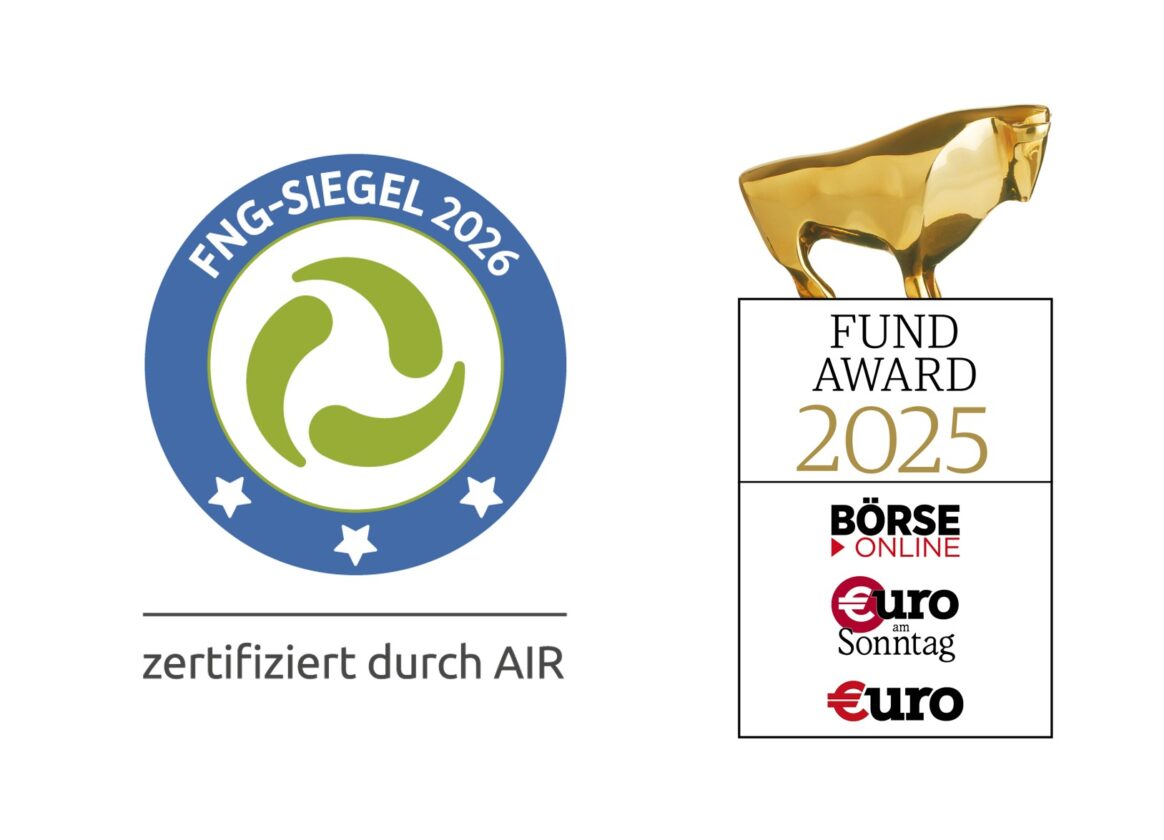 Bild FNG-Siegel 2026 und EuroFund Award 2025 für unseren ausgezeichneten Tareno Global Water Solutions Fund