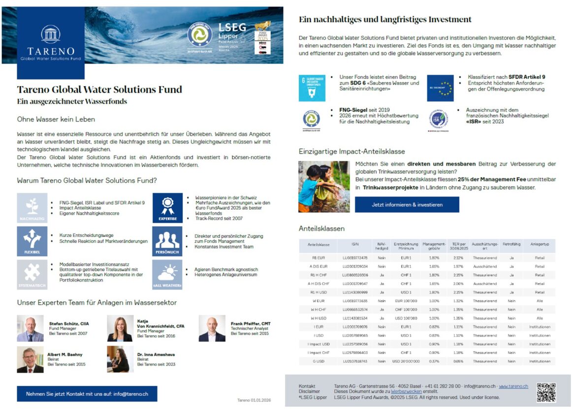 Two Pager Tareno Global Water Solutions Fund mit den wichtigsten Informationen zu unserem nachhaltigen Wasser Aktienfonds.