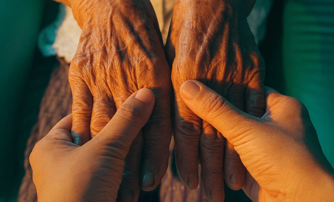 Zwei jüngere Hände halten behutsam die gefalteten, stark gefurchten Hände einer älteren Person. Warmes Licht hebt die Hände vor einem dunkelgrünen Hintergrund hervor.